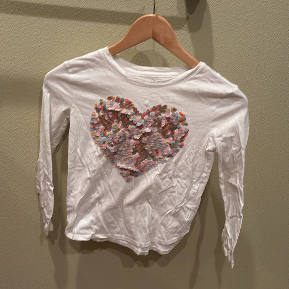 GAP White Long Sleeve Tee with Sequin Heart - Picture 2 of 8